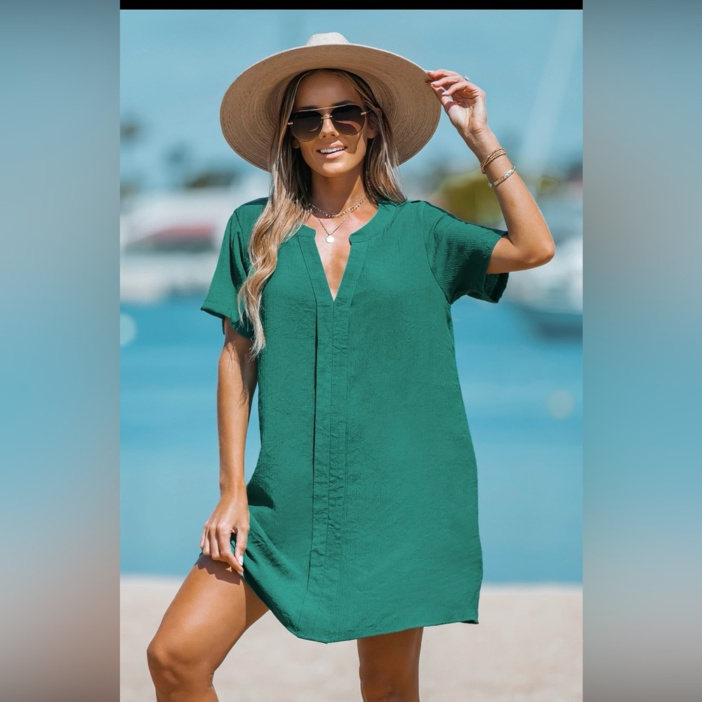 V-Neck Short Sleeves Cover Up Dress in AQUA